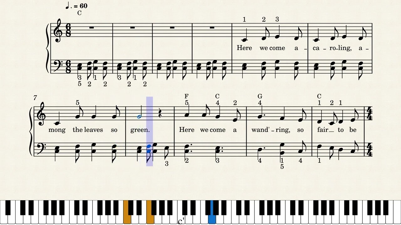 Piano Tutorial: How to Play Here We Come A-Caroling, Notes+Lyrics