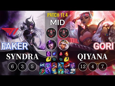 T1 Faker Syndra vs Gori Qiyana Mid - KR Patch 11.4