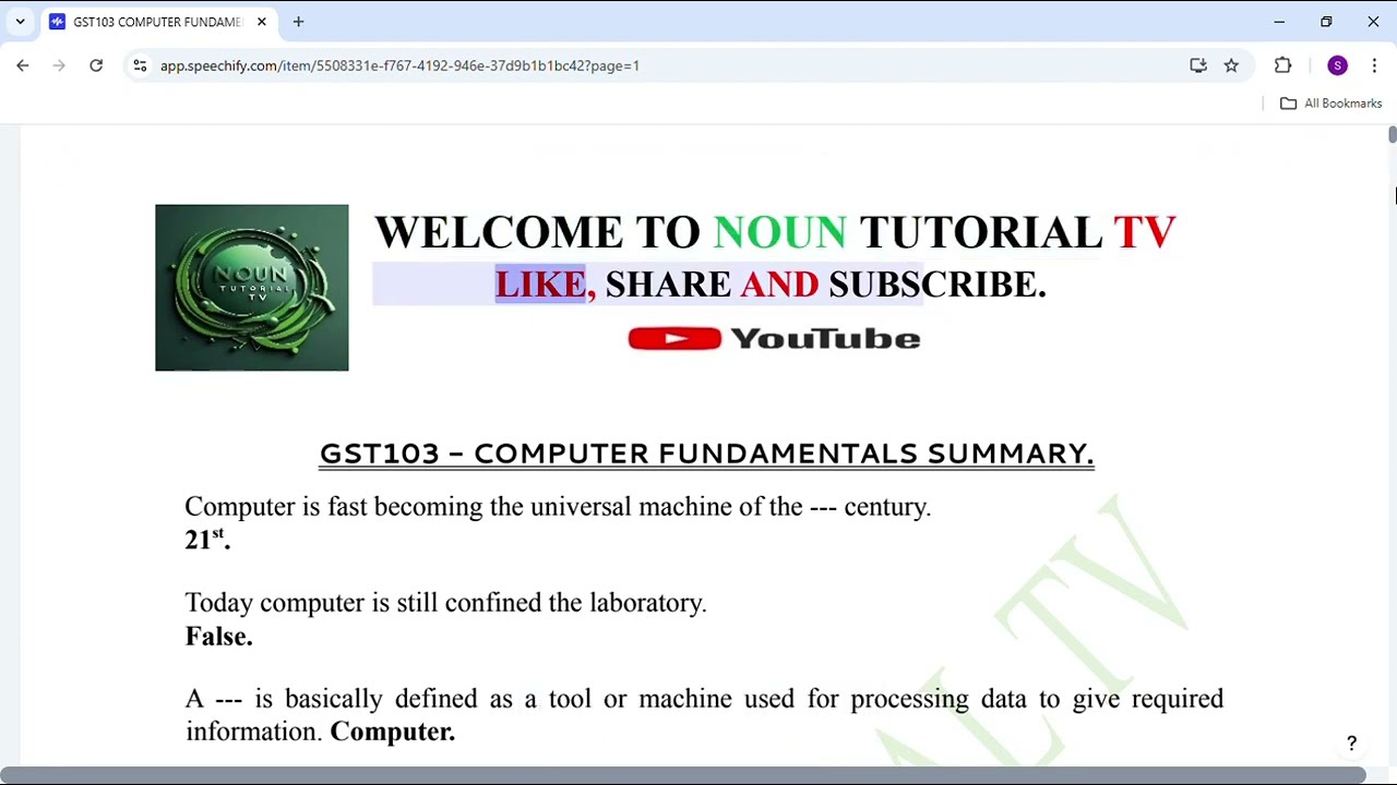 GST103 COMPUTER FUNDAMENTALS SUMMARY, COMPLETE SECTION.