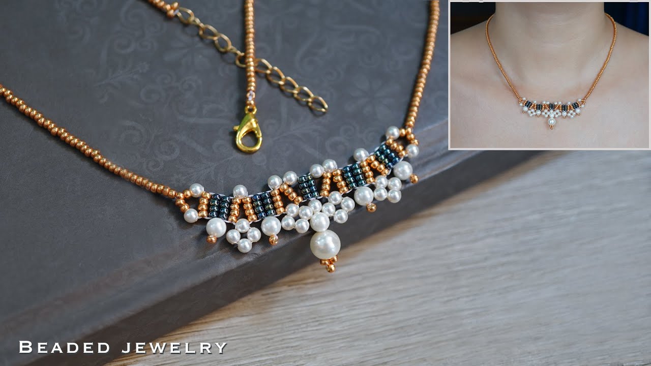 Elegant beaded necklace with pearls and seed beads. Beading tutorial
