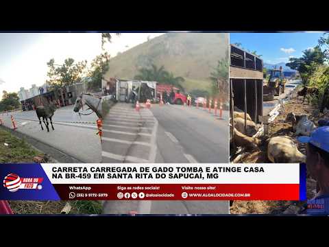Carreta carregada de gado tomba e atinge casa na BR-459 em Santa Rita do Sapucaí, MG