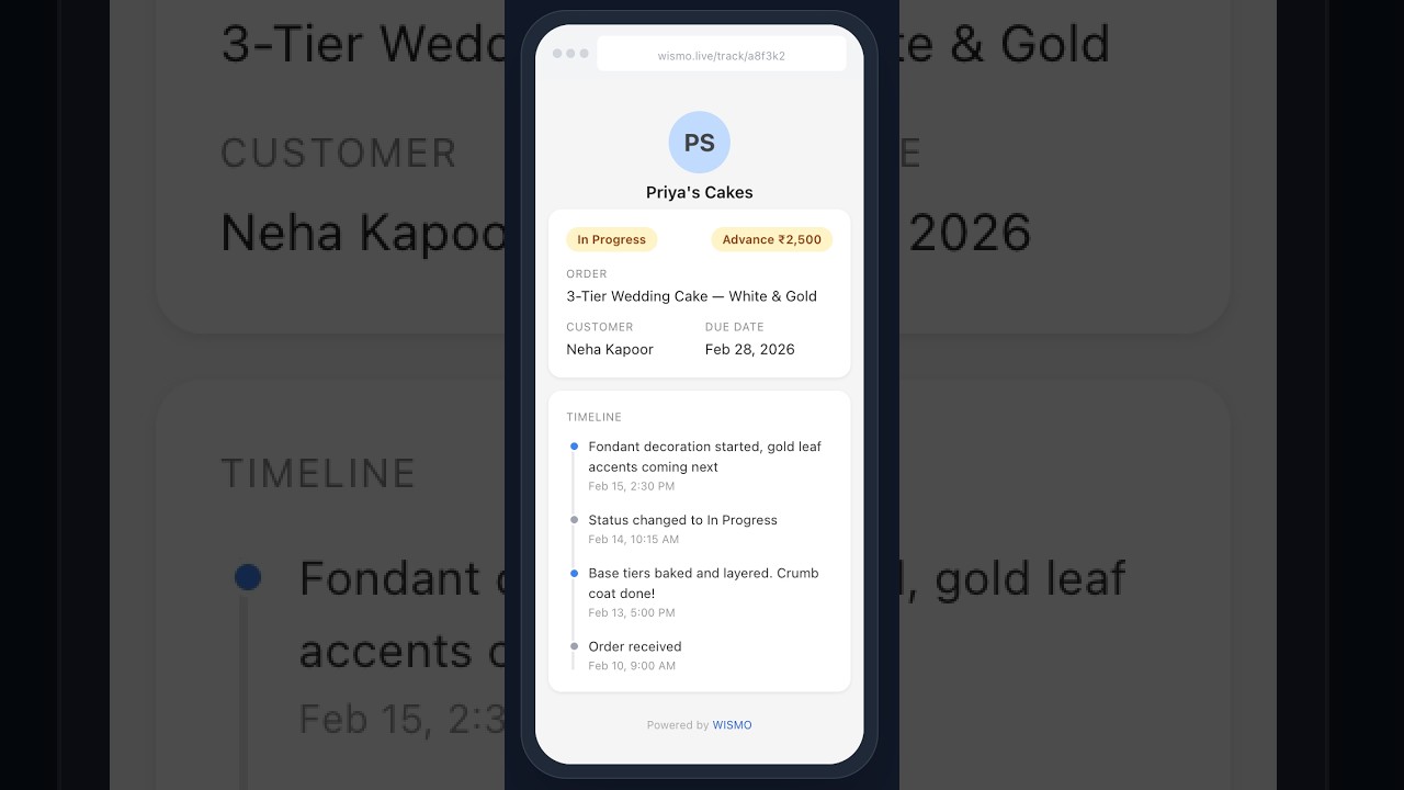 WISMO order tracking app demo — create orders and share tracking links via WhatsApp