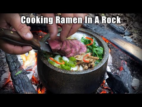 Cooking Ramen in a Stone Bowl over a Camp Fire