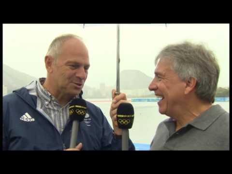 Steve Redgrave gives John Inverdale a soaking during rowing coverage