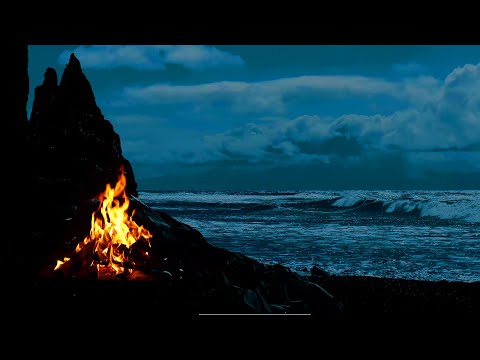 4k campfire by the sea | Ocean waves white noise for sleeping no ads | beach campfire sounds