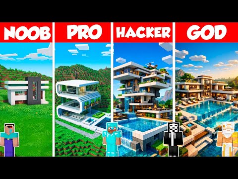 New Modern House Build Battle Challenge - Noob vs Pro vs Hacker vs God - Minecraft Animation