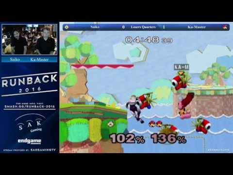Runback 2016 Melee Singles Pro Losers Quarters - Saiko (Sheik) vs Ka-Master (Luigi)