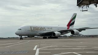Emirates A380 turns on to stand at Heathrow Airport