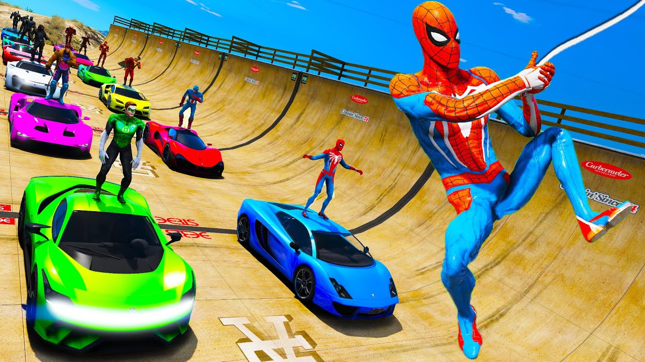 Homem Aranha e Heróis com Carros Jet Ski Aeronave New Challenge GTA V and music SPIDER-MAN mod