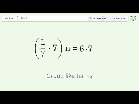 Linear equation with one unknown: Solve n/7-5=1 step-by-step solution