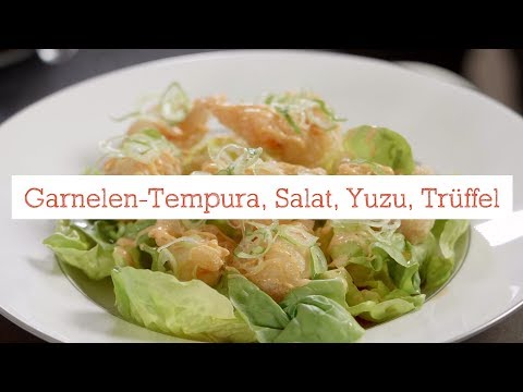 Garnelen-Tempura mit Kopfsalat und Yuzu-Trüffel-Dressing