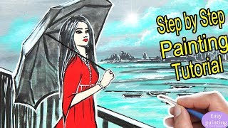 How to paint a WOMAN Red Dress with black UMBRELLA. Painting Tutorial Step by Step in acrylics