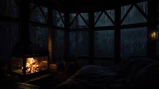 Rainy Night with Fireplace and Rain in Wooden Cabin | Sleep Sounds Ambient