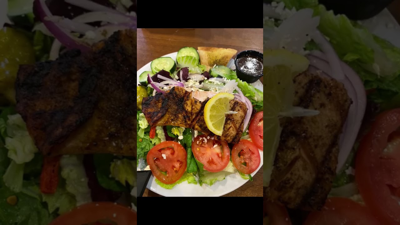 Started my day in hotel. On trip home chose dinner at Taziki’s. Greek salad w/ grilled Salmon. 👍