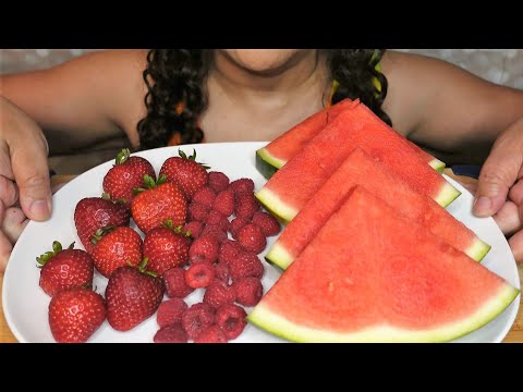 ASMR Red Fruit | Watermelon, Strawberries, Raspberries | Eating Sounds | No Talking