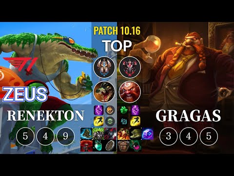 T1 Zeus Renekton vs Gragas Top - KR Patch 10.16