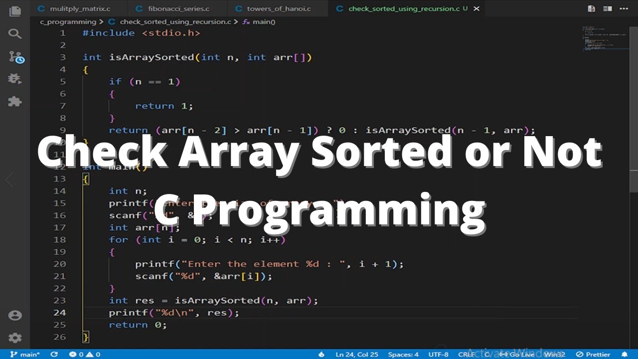 Check Array Sorted or not using Recursion | C Programming