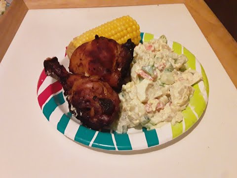 Country Broiled Chicken, Corn On The Cob and Vegetable Potato Salad (JAMAICAN STYLE)