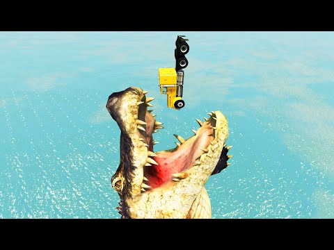 Jumping Cars into the mouth of a Giant Alligator - BeamNG.Drive