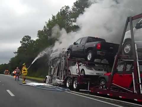 Semi-Truck Car Hauler Burning! VISIT  www.geminitunes.com !
