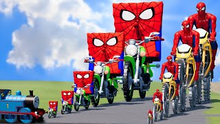 Big & Small: SpongeBob as Spiderman vs Spiderman on a motorcycle with Saw Wheels vs Train | BeamNG