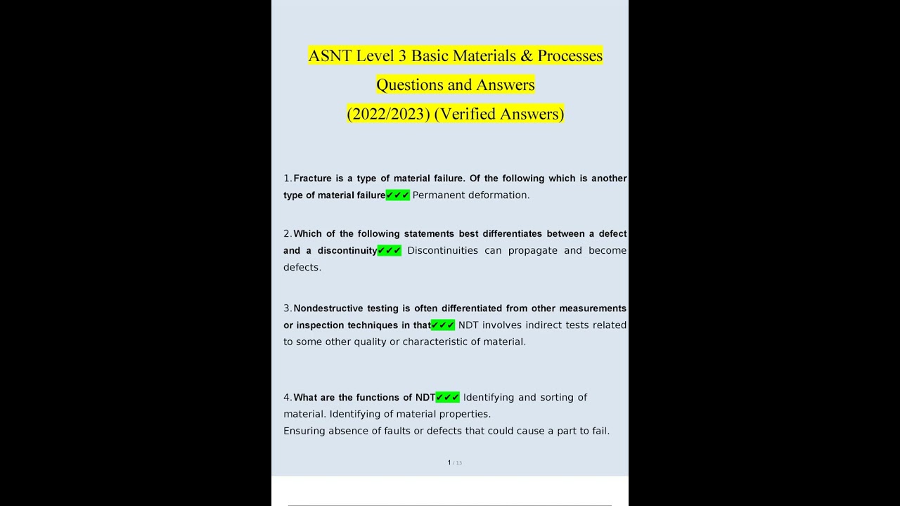 ASNT LEVEL 3 BASIC MATERIALS EN PROCESSES QUESTIONS AND ANSWERS 20222023 100 CORRECT VERIFIED ANSWER