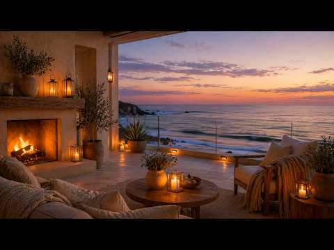 Cozy Seaside Balcony at Dusk 🌊 Fireplace & Ocean Waves for Relaxation
