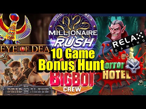 Thumbnail for video: 10 Game Bonus Hunt, Horror Hotel, Millionaire Rush, DOA2, Eye Of Dead, Steam Tower & Much More
