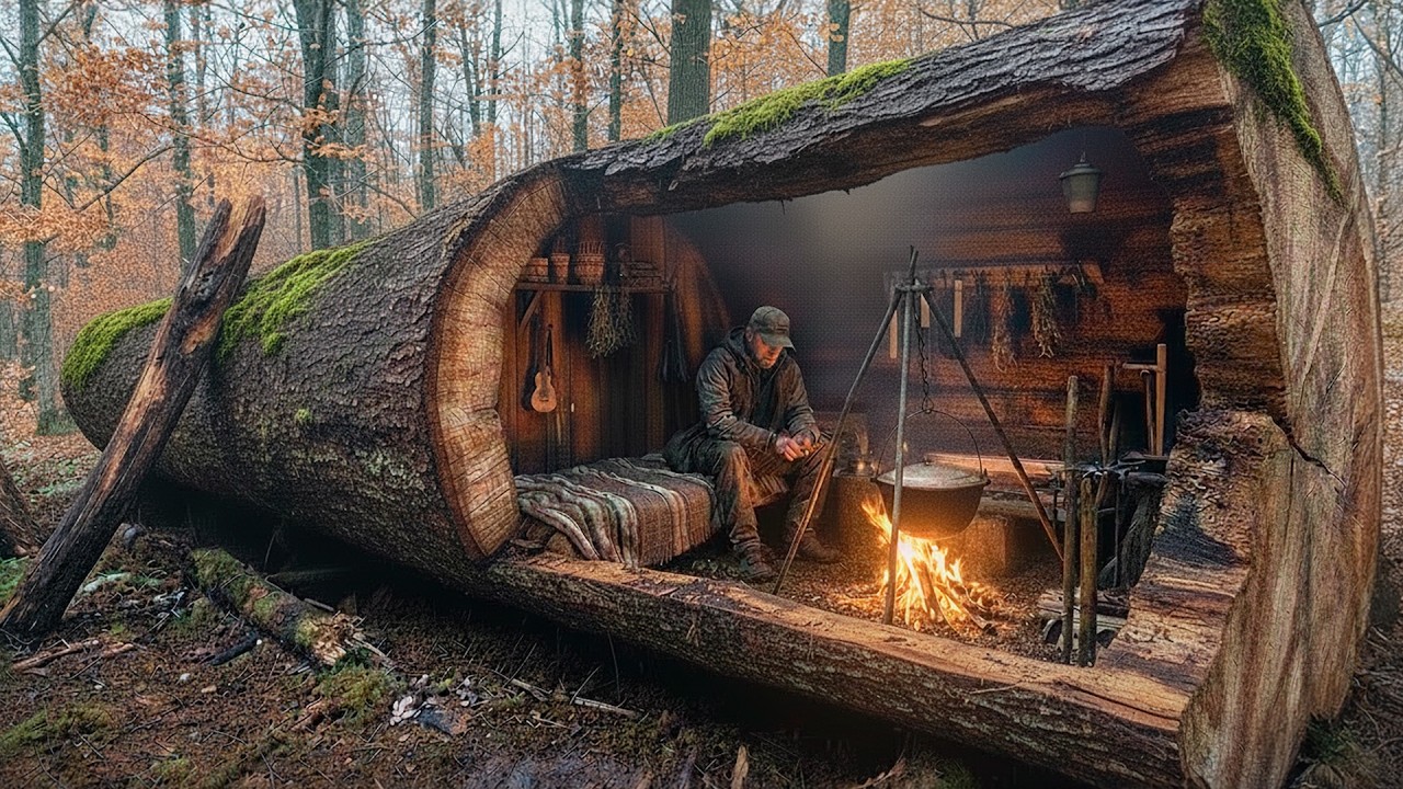Building a Secret Dugout Inside a Hollow Tree | Building the Most Hidden Bushcraft Shelter