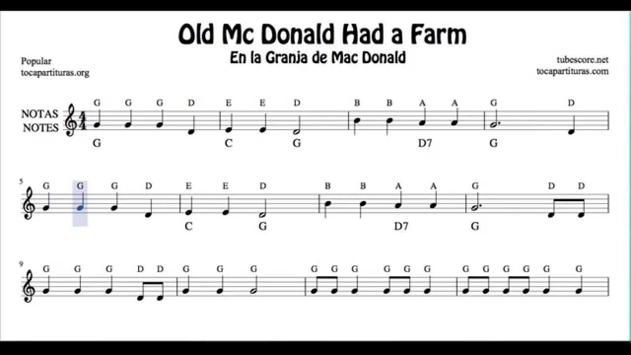 Old Mc Donald Had a Farm Free Notes Sheet Music for Beginners Violin Flute Recorder Oboe