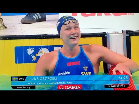 GULD till Sarah Sjöström på 50 meter fjäril. VM i Budapest. 2022.