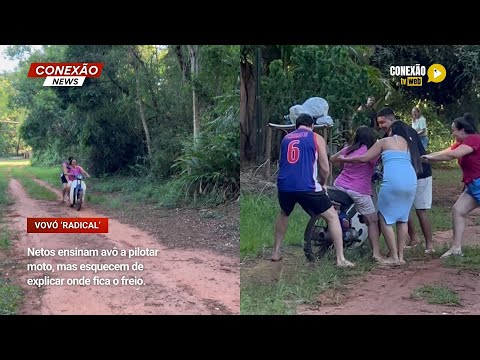 Vídeo: Netos ensinam avô a pilotar moto, mas esquecem de explicar onde fica o freio.