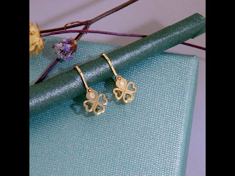 Cercei Tortite Fete Aur Galben 14k Trifoi Inimi Diamante Naturale - Noroc si Iubire
