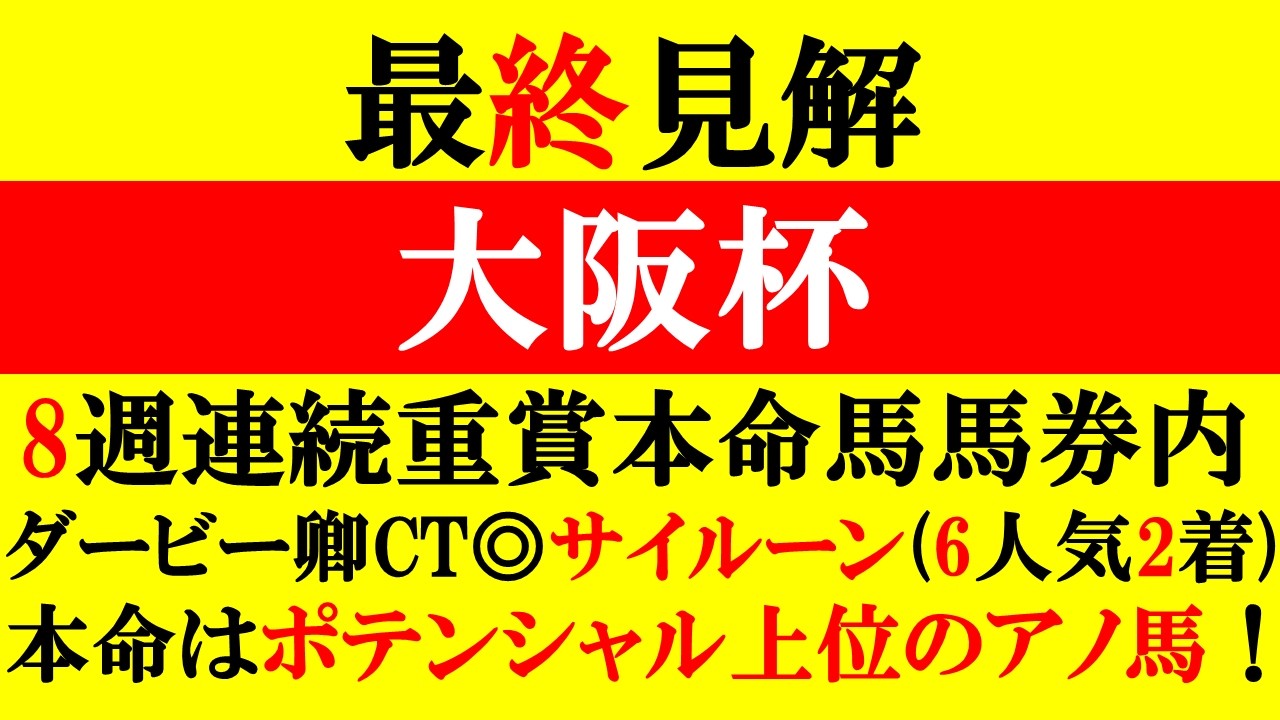 【大阪杯 最終見解 2026】8週連続重賞本命馬馬券内！◎サイルーン(6人気12.4倍)2着！本命はポテンシャル上位のアノ馬！！