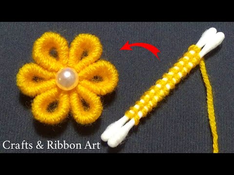 Amazing Woolen Craft Ideas with Cotton Buds - Easy Woolen Flower Making - Hand Embroidery Flower
