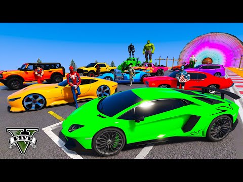 SPIDERMAN Mega RAINBOW RAMP Challenge for Cars SUV Monster Trucks! SUPERHEROS Hulk Venom Goku –GTA 5