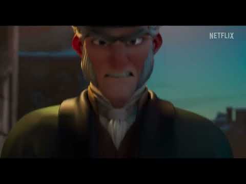 Netflix trailer frame of Scrooge walking through a glowing Victorian street, carols swelling