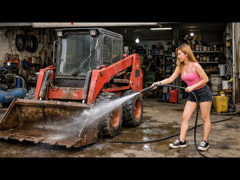The girl spent three days restoring and repainting an old, rusty, abandoned wheel loader