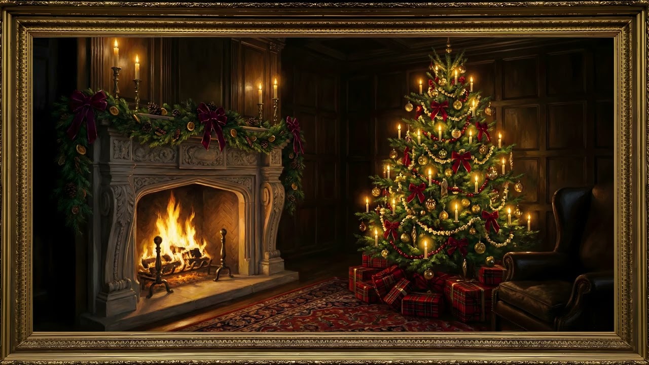 Classic Christmas Tree Fireplace Candlelight Gold Frame TV Art | 2 Hours 4K — 4K ambient art screensaver in baroque gold frame
