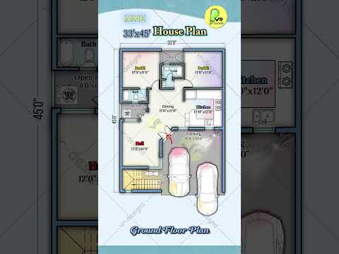 33’× 45’  house plan with car parking, 33 by 45 north facing home plan, 2BHK house design #housemap