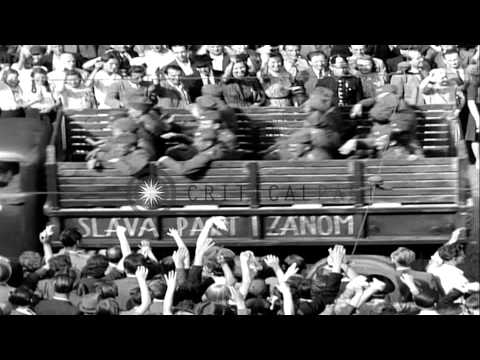 Former Czech President Benes reviews Czech soldiers parade on Russian tanks and U...HD Stock Footage