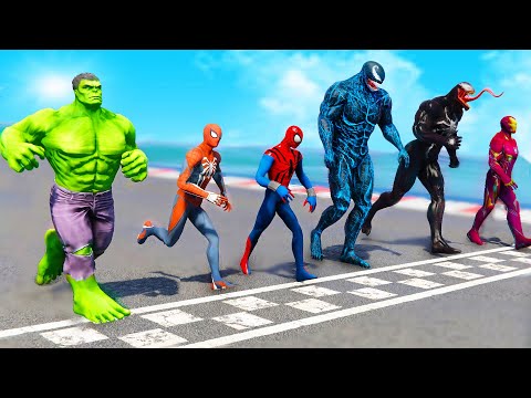 Team Spiderman Vs Venom Army | Hulk With Superheroes Running Challenge - GTA 5