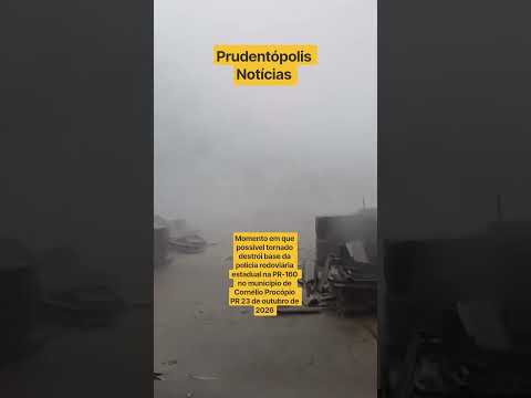 Momento em que possível tornado destrói base da polícia rodoviária em Cornélio Procópio PR
