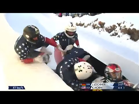 US pilot Kristopher Horn loses all three pushers in the four-man bobsleigh World Cup crash in Sai...