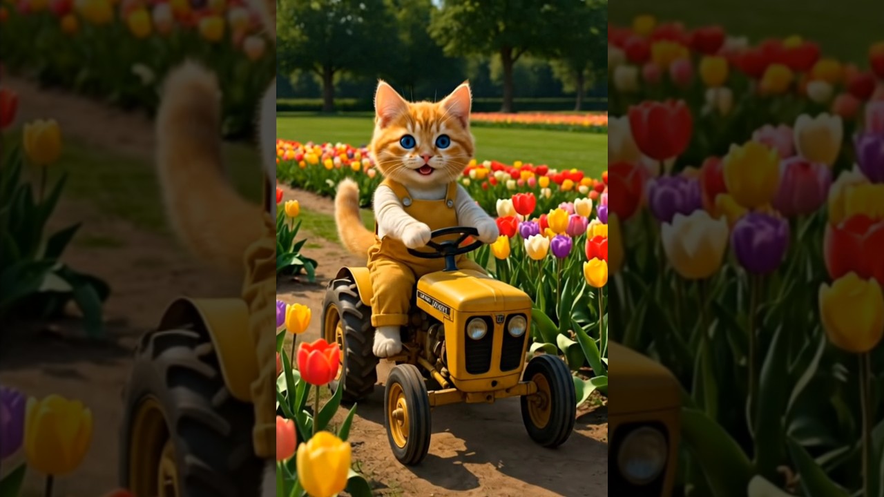 Cute Kitten Driving Tractor in Tulip Garden 🌷🐱🚜