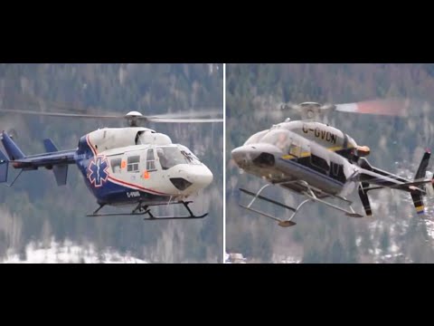 Bell 427 landing and MBB BK117 taking off from Nelson, British Columbia