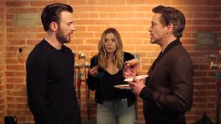 Chris Evans, Robert Downey Jr &amp; Elizabeth Olsen - Tony Steals The Last Donut