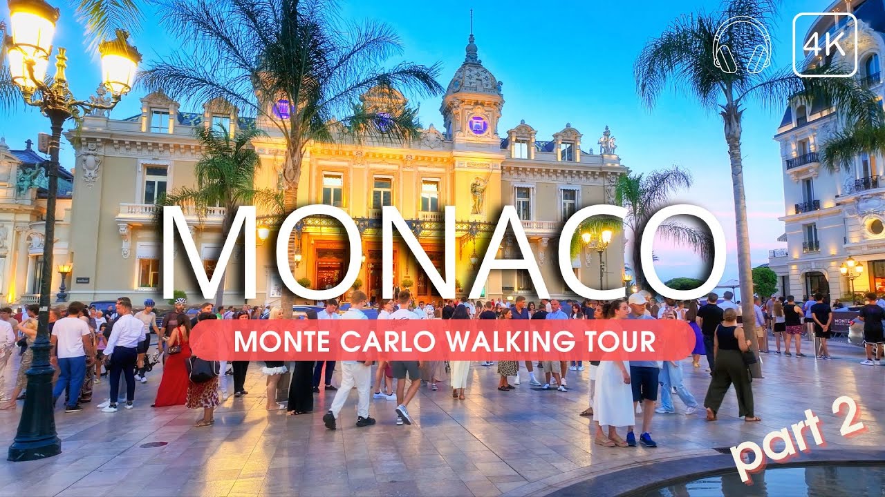 Night Walking Tour in Monte Carlo, Monaco, part 2. 4K | ASMR Binaural Sound