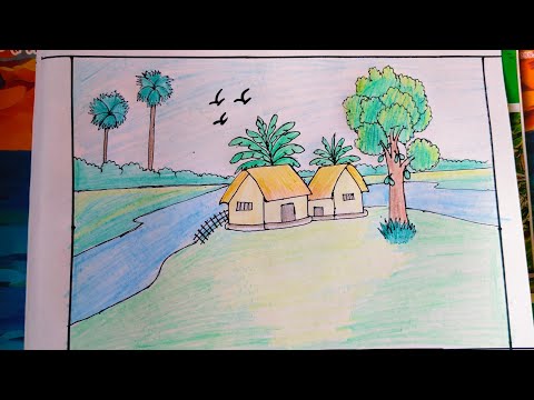 How to Draw Easy Scenery | Beautiful Indian Village Landscape Drawing Step by Step for Beginners