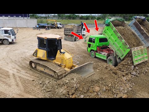 incredibly Activity Bulldozer D51Px Pushing Soil Stone Refill land with many Dumps truck unloading